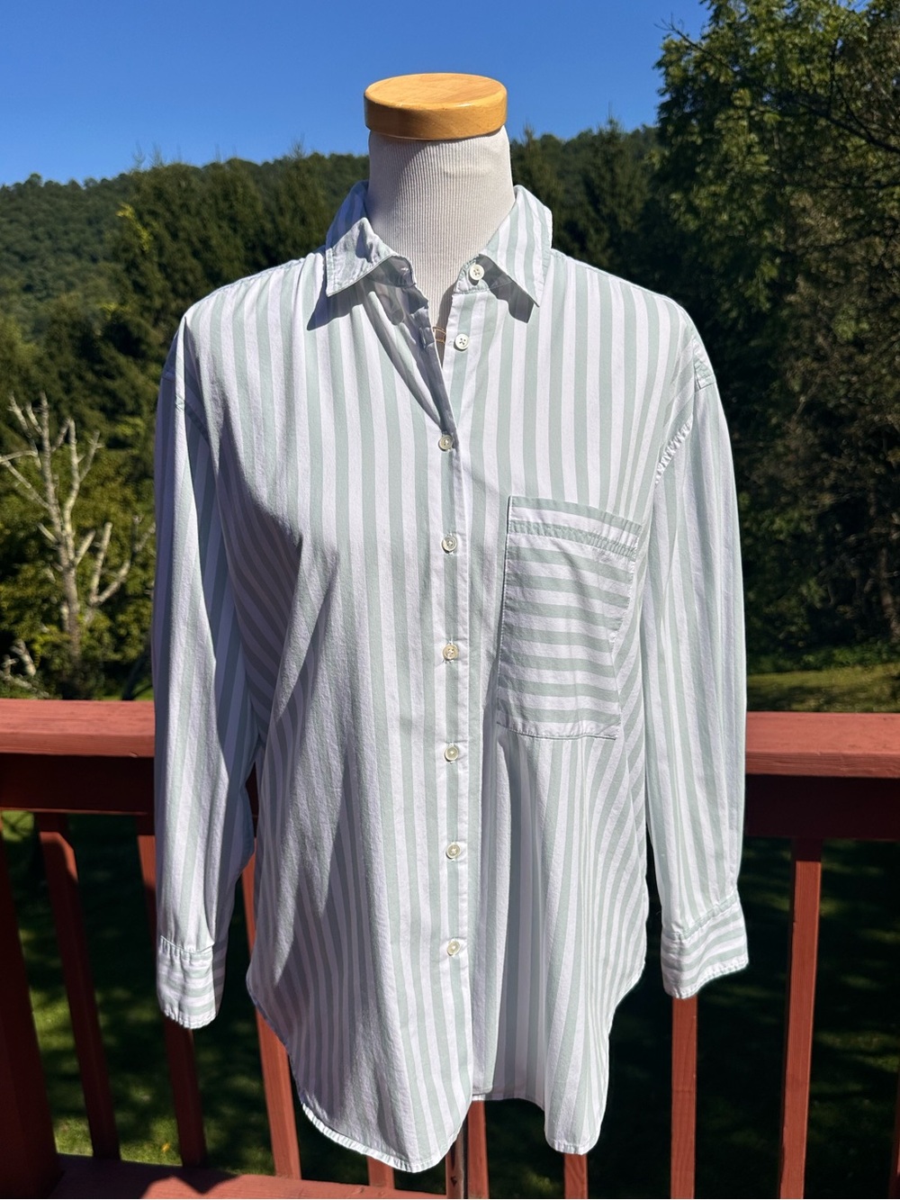 AYR The Deep End Oversized Button Down Striped Shirt Light Sage Green & White